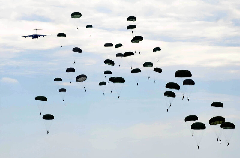 Parachutists Descending — Blue, Dramatic, Afternoon