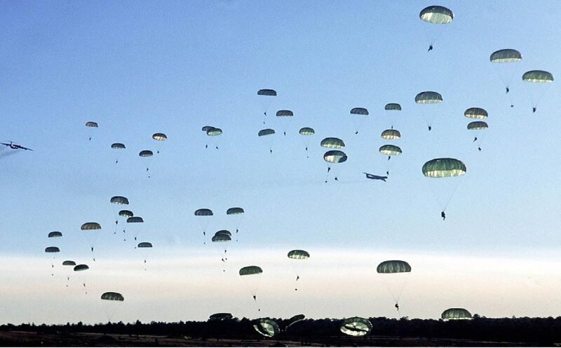 Parachutists Descending — Blue, Dramatic