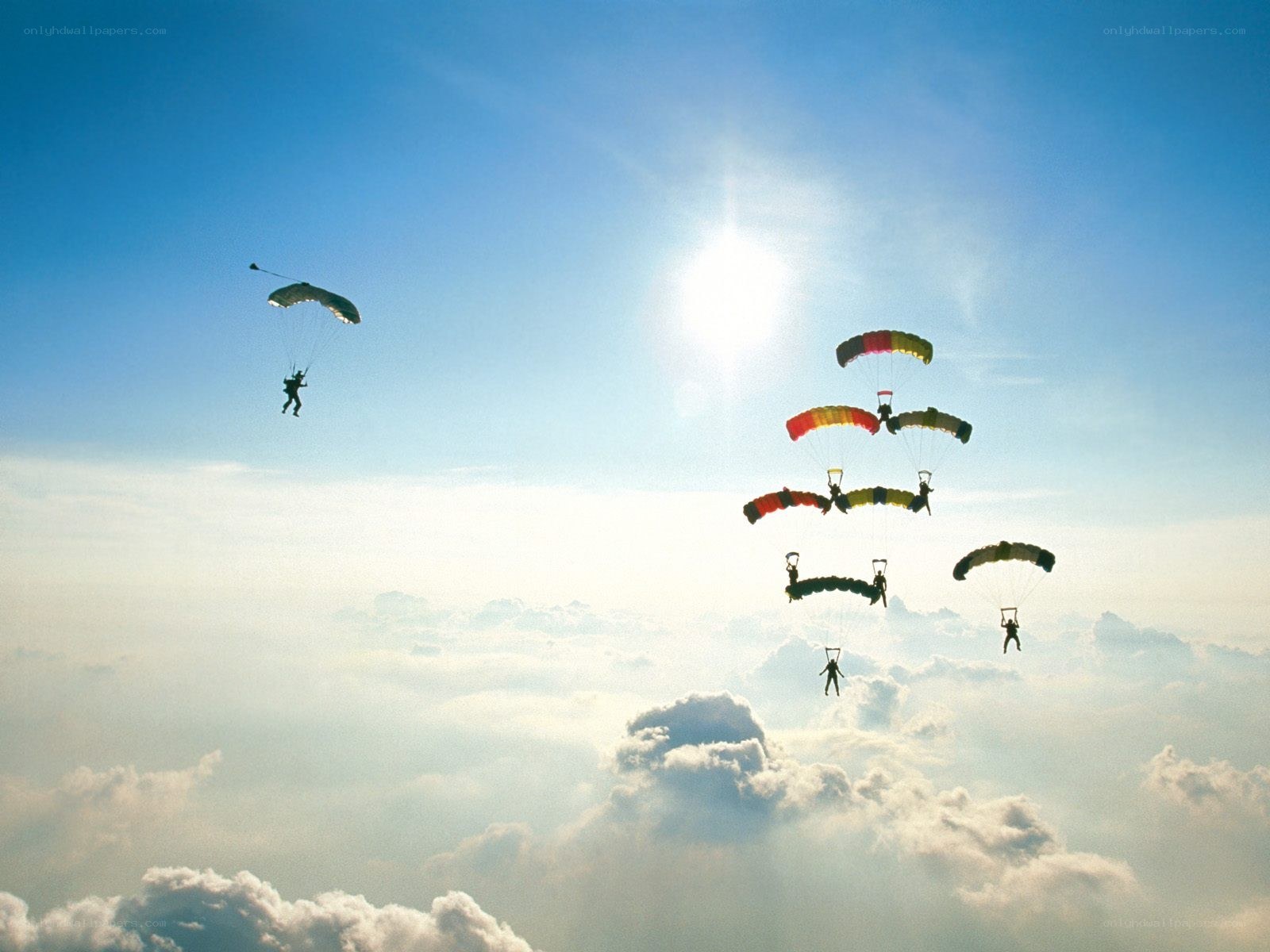 Parachutists descending in formation