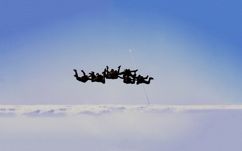 Parachutists in Formation — Blue, Dramatic, Morning