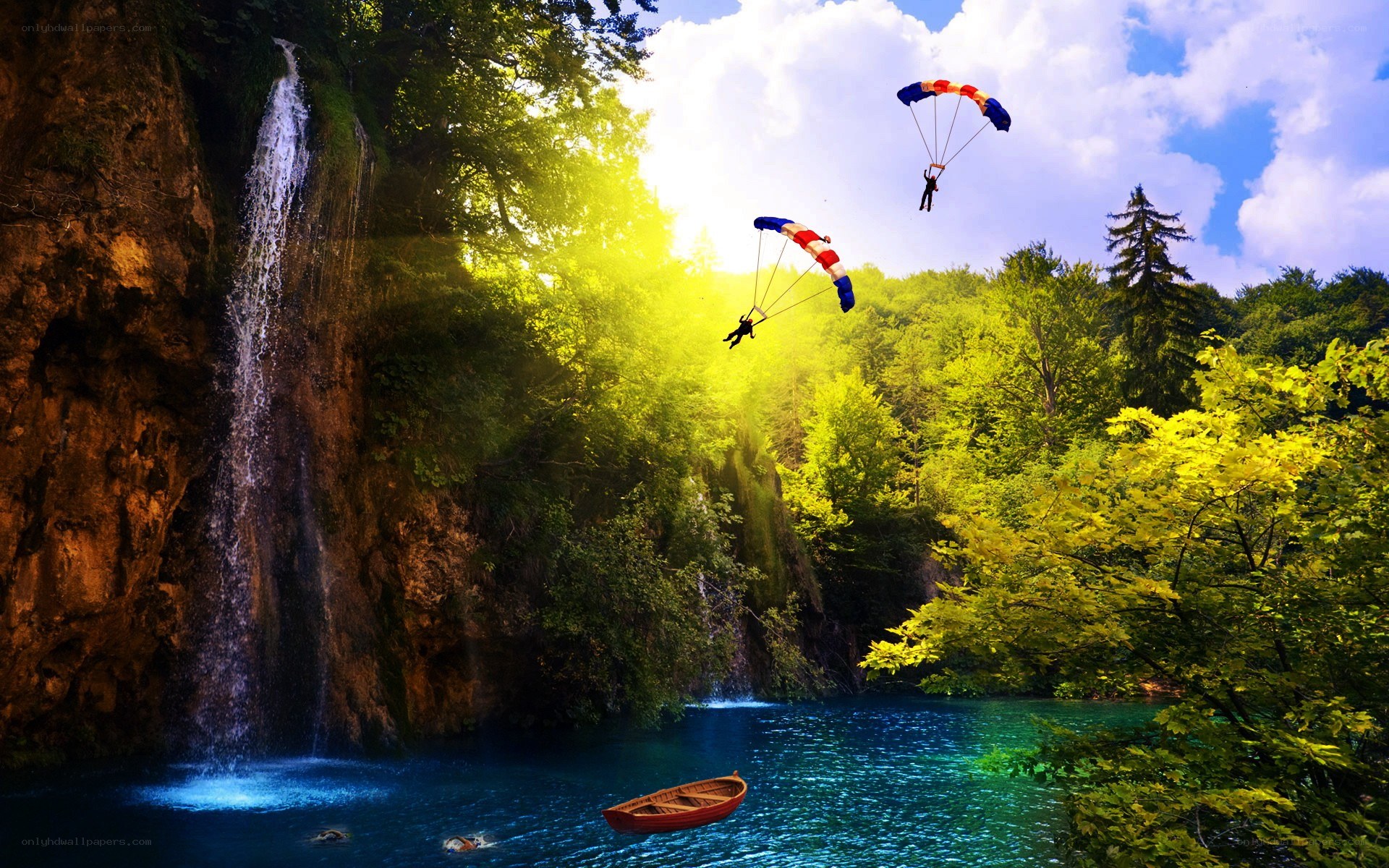 Parachutists over a waterfall