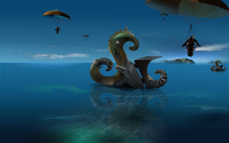Parachutists over sea monster