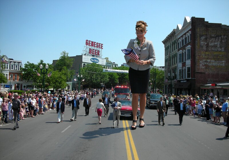 Parade in Geneseo with giant woman