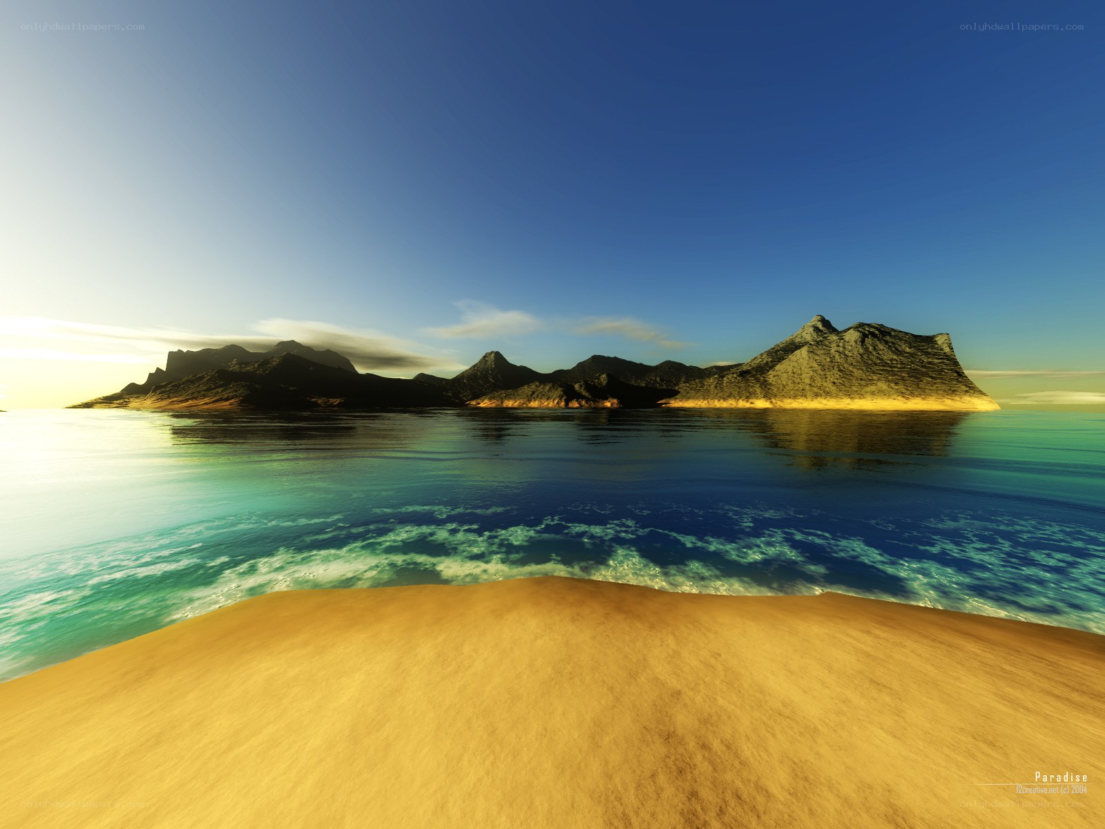Paradise island at sunset