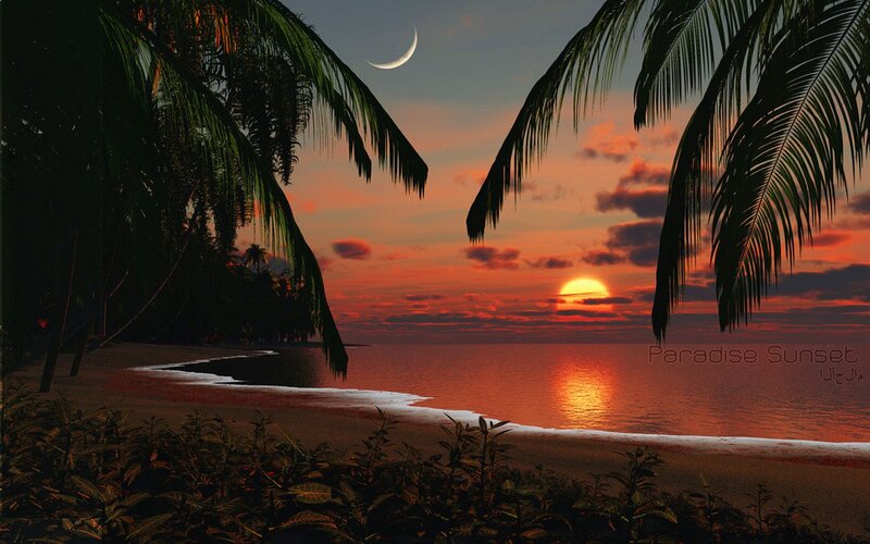 Paradise sunset with moon