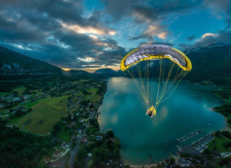 Paraglider over Lake — Blue, Dramatic