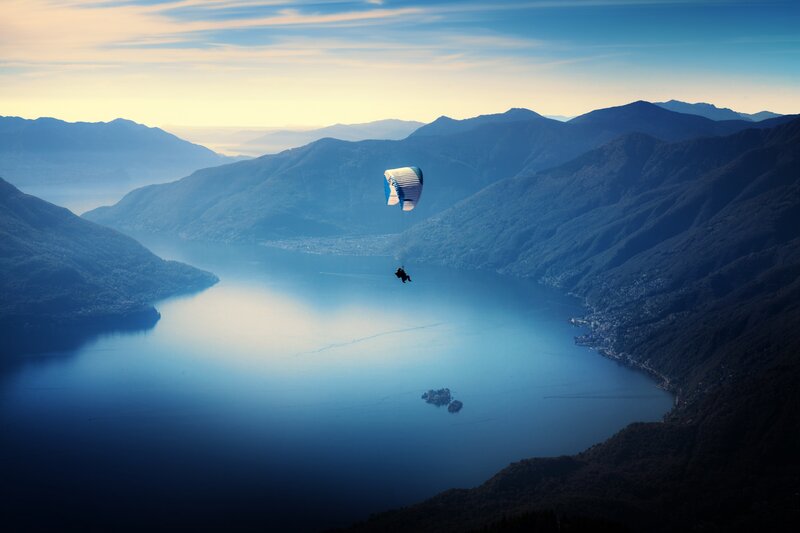 Paraglider over Lake — Blue, Serene