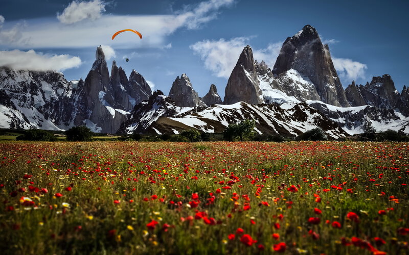 Paraglider over Mountains — Red