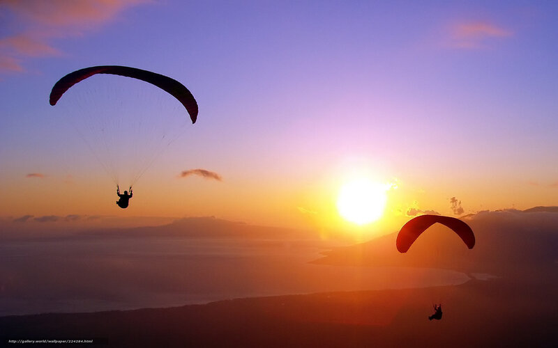 Paragliders at Sunset — Orange, Serene, Photograph, Sun