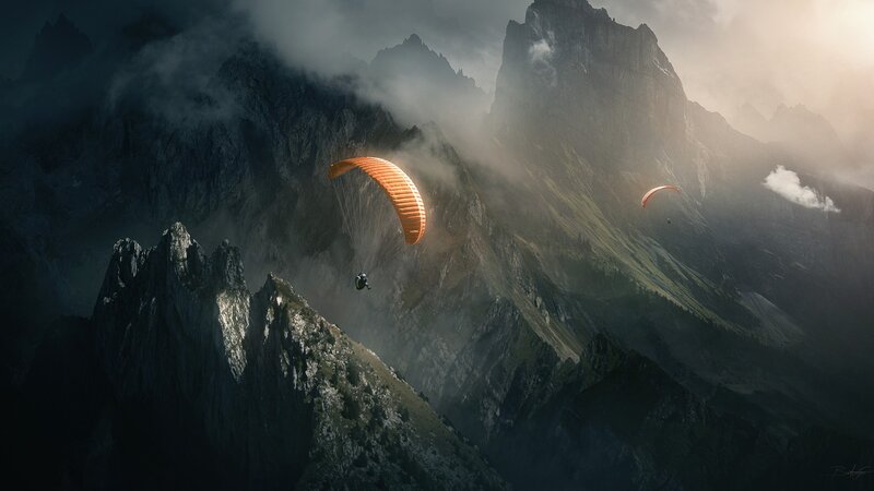 Paragliders in Mountains — Gray, Dramatic, Afternoon