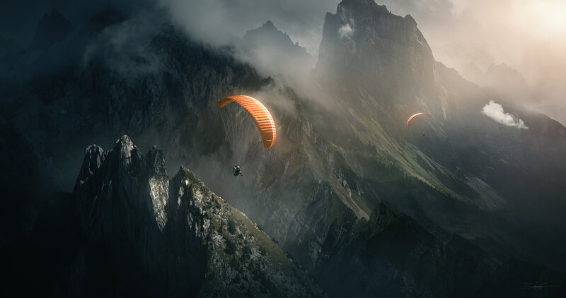 Paragliders in Mountains — Gray, Dramatic, Morning