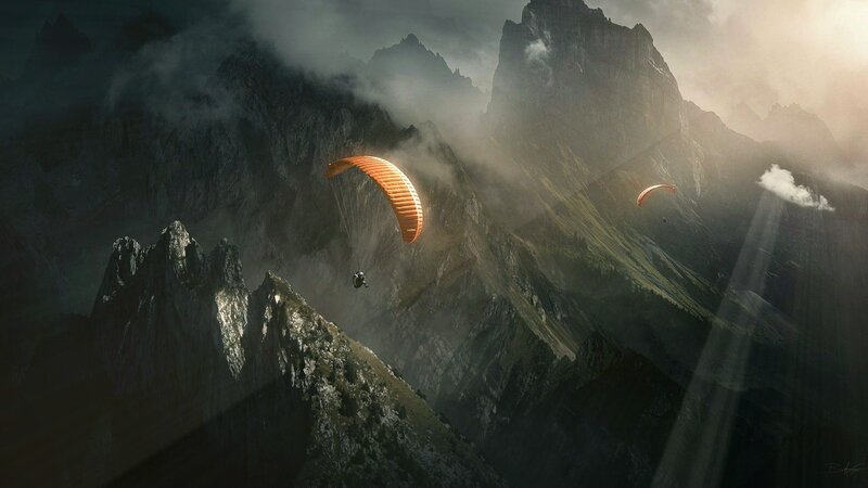 Paragliders in Mountains — Gray, Dramatic