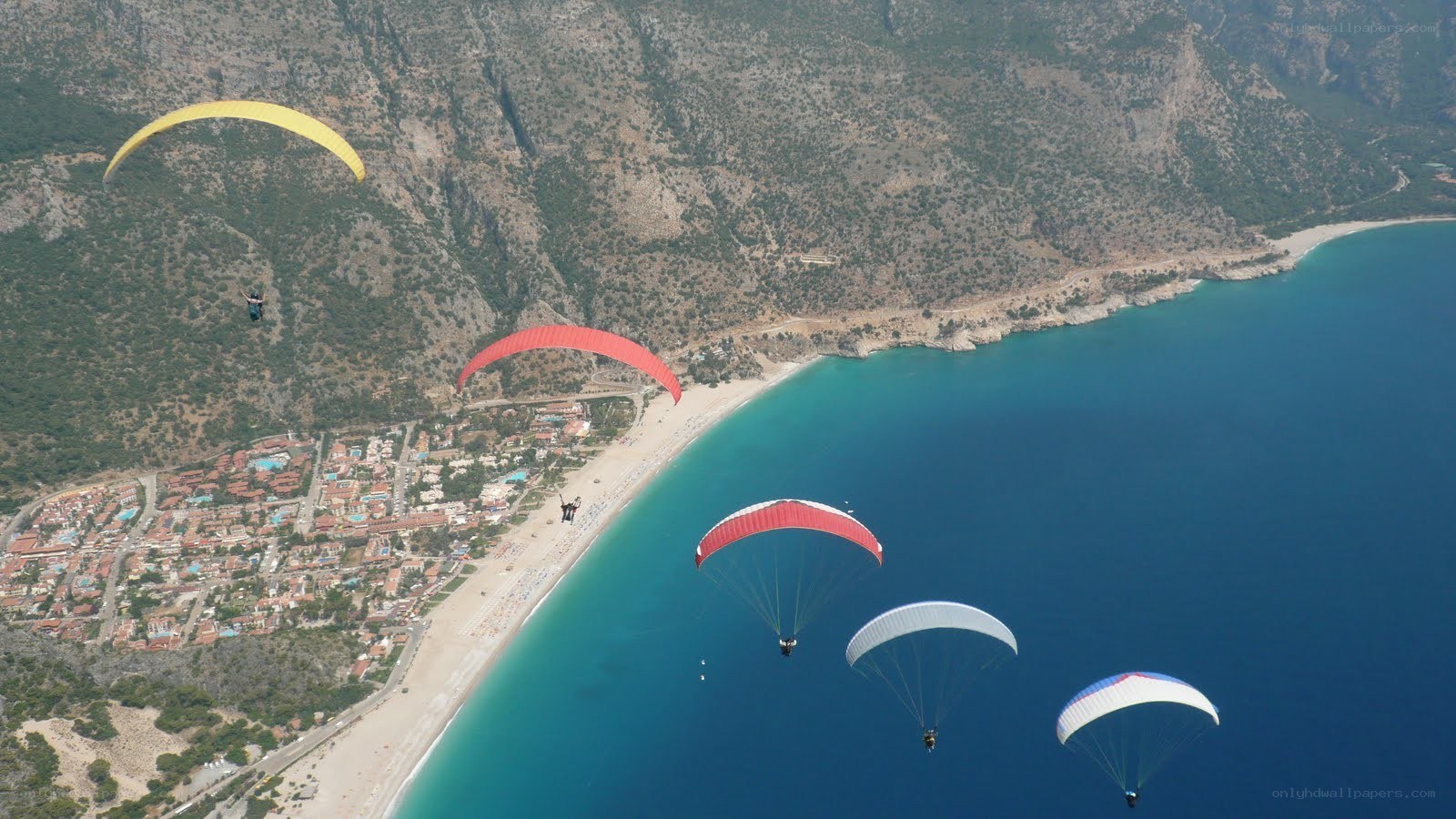 Paragliders over coastal town