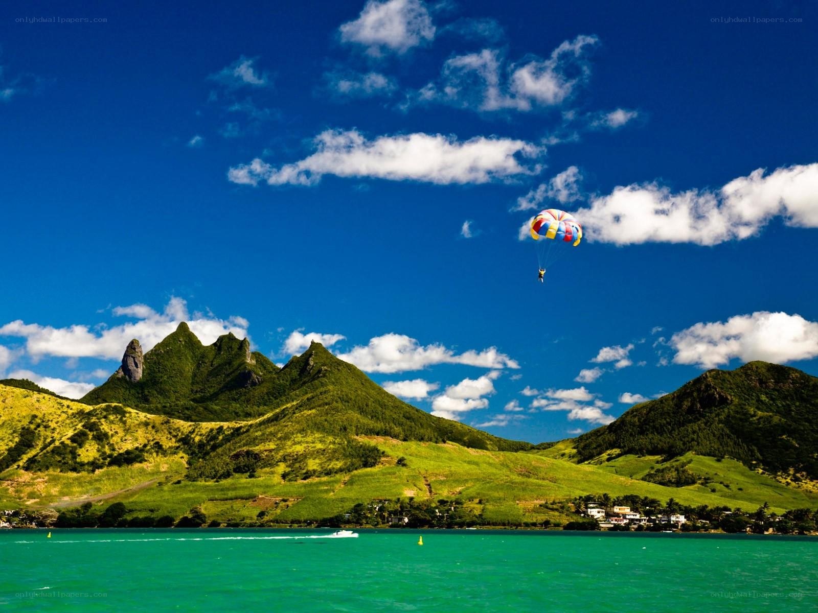 Parasailing over a tropical bay