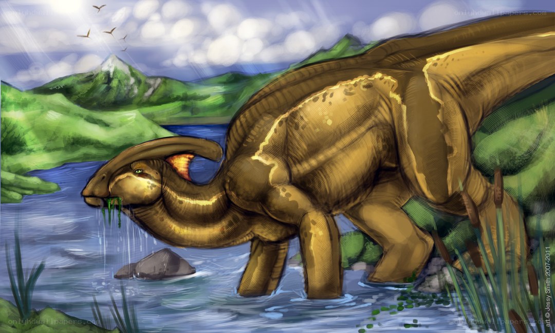 Parasaurolophus drinking from a river