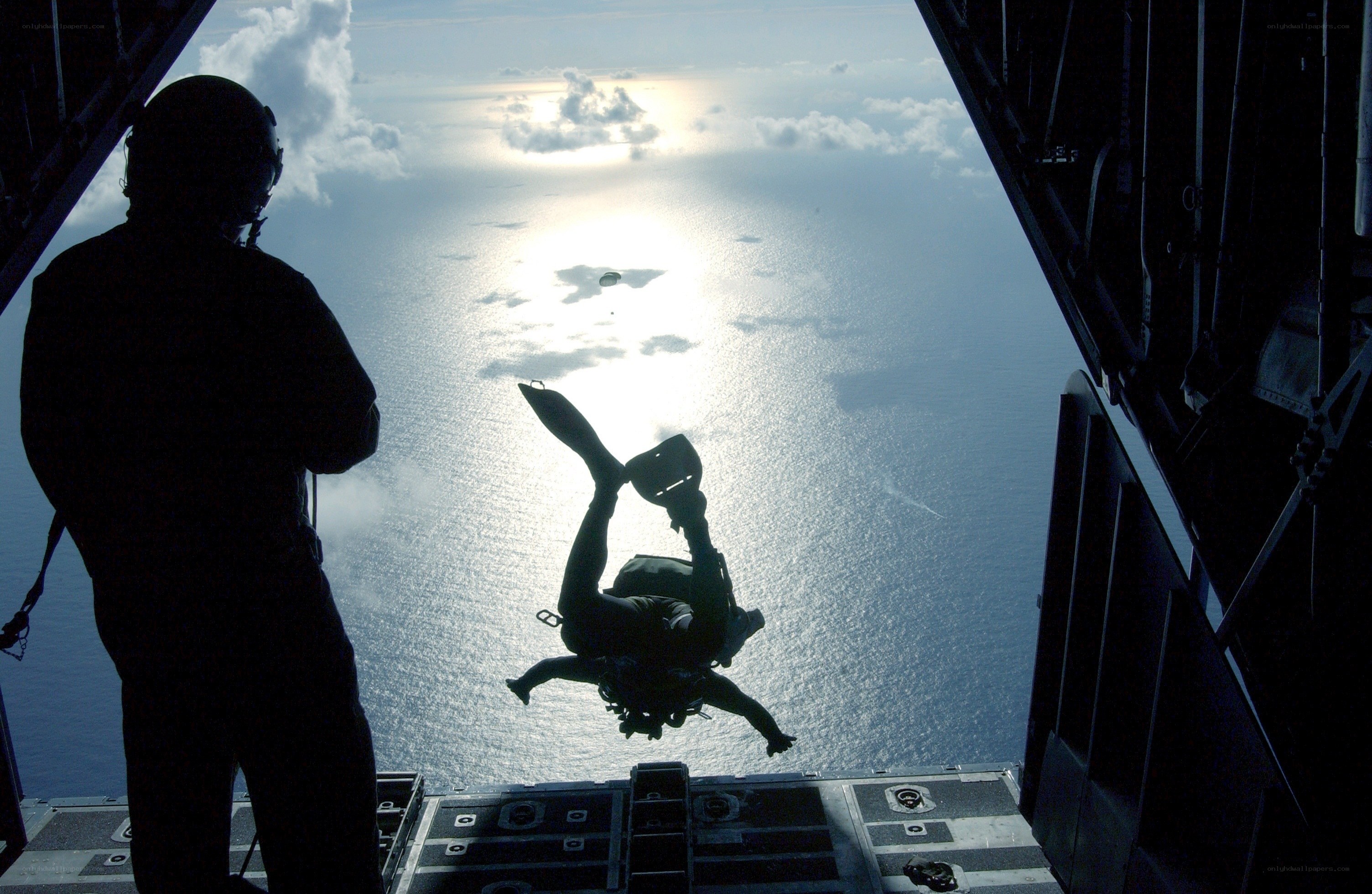 Paratrooper jumping from aircraft