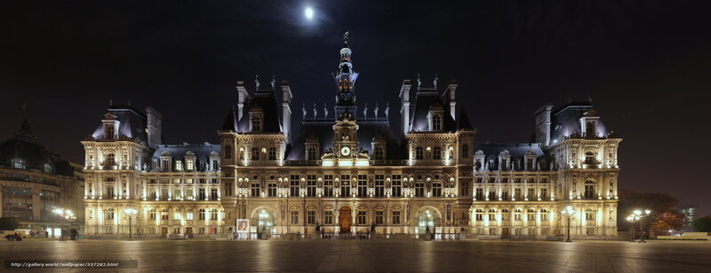 Paris City Hall at Night — Black, Dramatic, Photograph, Moon, Clock Tower