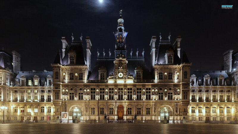 Paris City Hall at Night — Black, Dramatic, Photograph, Moon