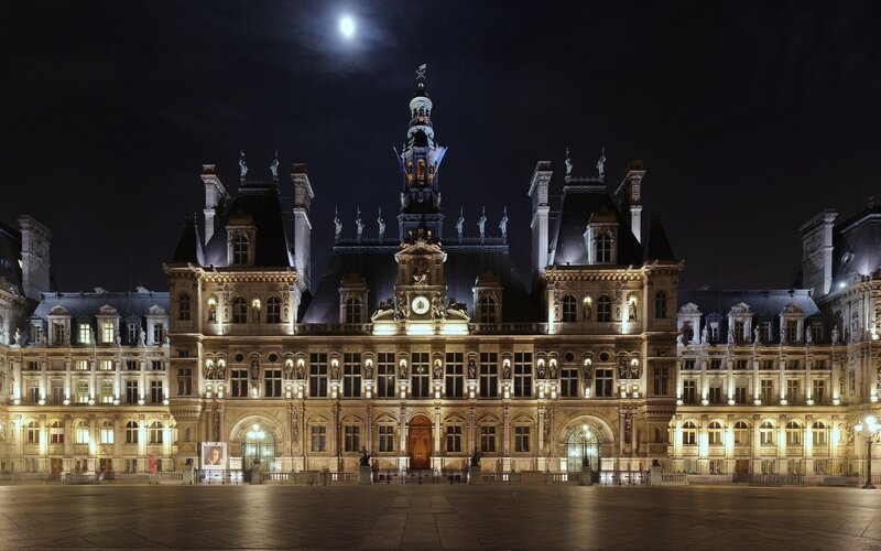 Paris City Hall at Night — Black, Dramatic, Photograph