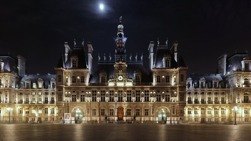 Paris City Hall at Night — Black, Dramatic