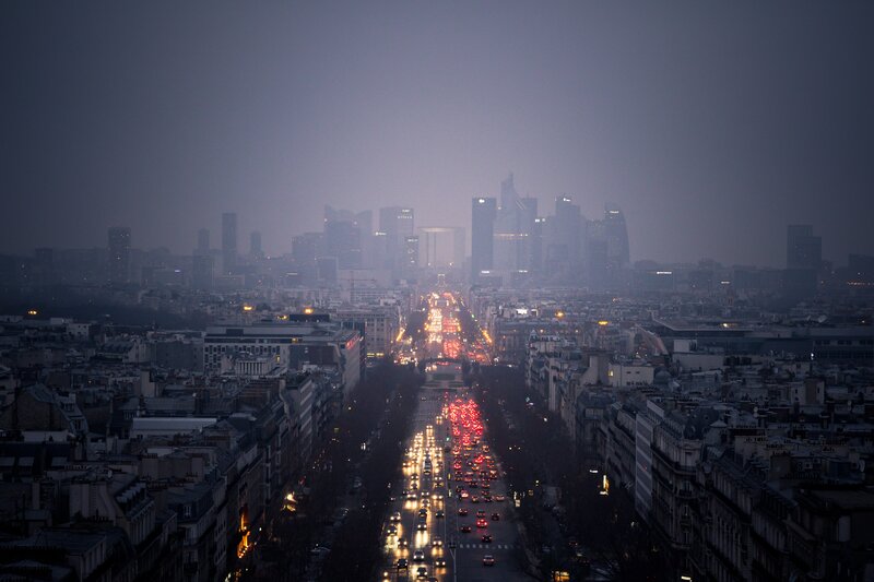 Paris Cityscape at Dusk — Gray, Dramatic, Night, Photograph, Skyscraper, Traffic