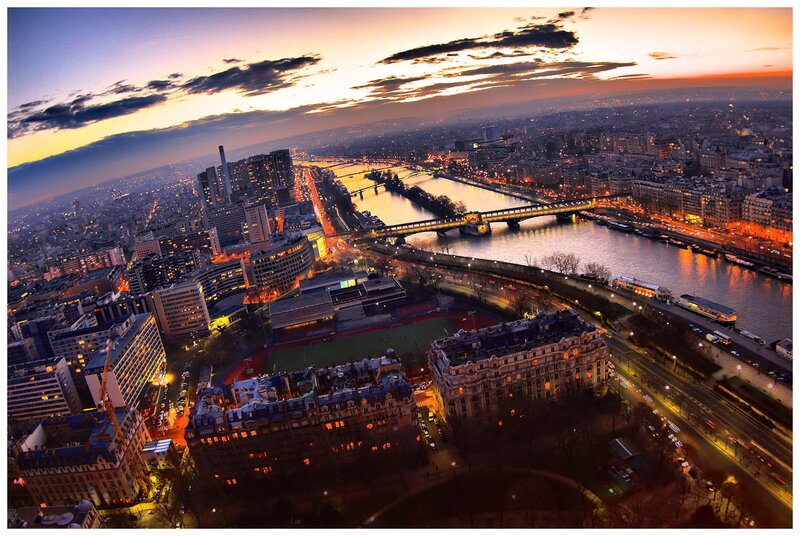 Paris Cityscape at Dusk — Orange, Dramatic, Sunset, Photograph
