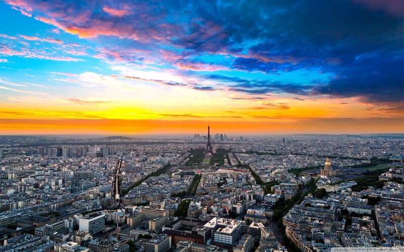 Paris Cityscape at Sunset — Blue, Dramatic, Photograph, Eiffel Tower, Sky, Buildings