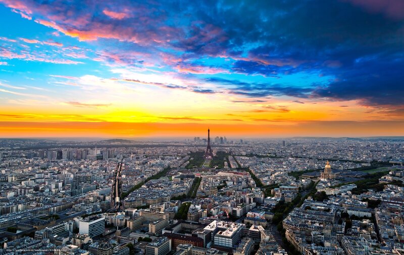 Paris Cityscape at Sunset — Blue, Dramatic, Photograph, Eiffel Tower, Sky