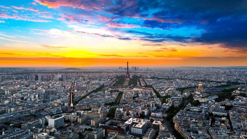 Paris Cityscape at Sunset — Blue, Dramatic, Photograph, Eiffel Tower, Skyline, Orange