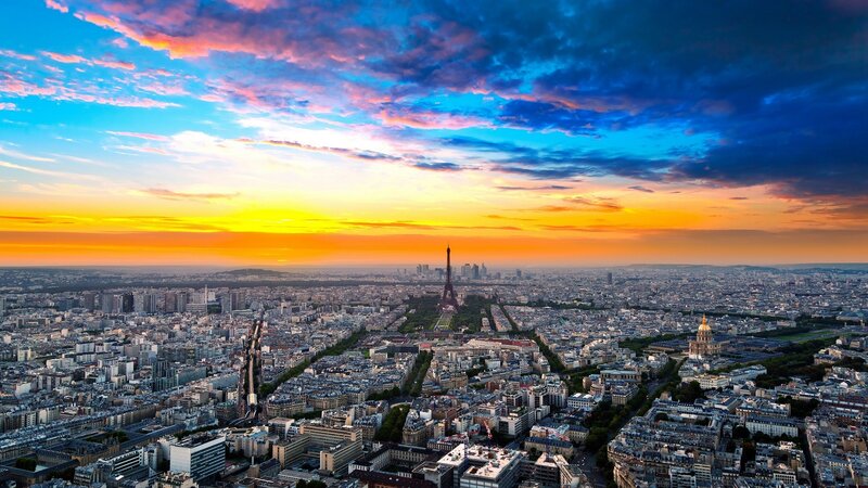 Paris Cityscape at Sunset — Blue, Dramatic, Photograph, Eiffel Tower, Skyline