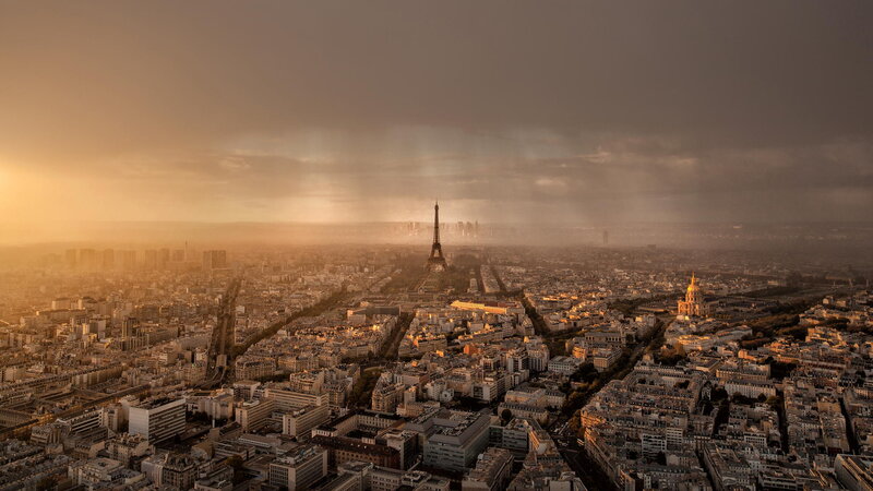 Paris Cityscape at Sunset — Orange, Dramatic, Photograph