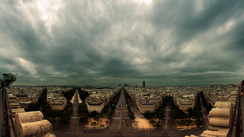 Paris Cityscape View — Gray, Dramatic, Afternoon, Photograph, Clouds, Buildings, Trees