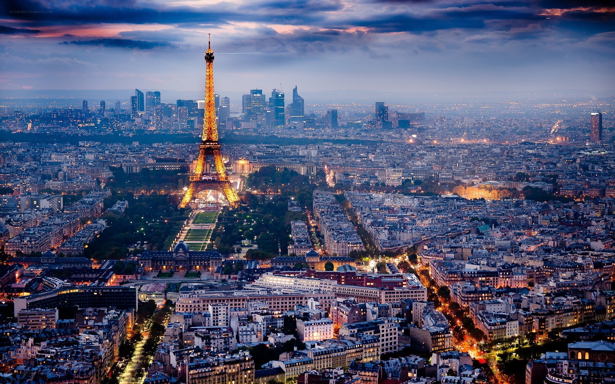Paris skyline at dusk with Eiffel Tower