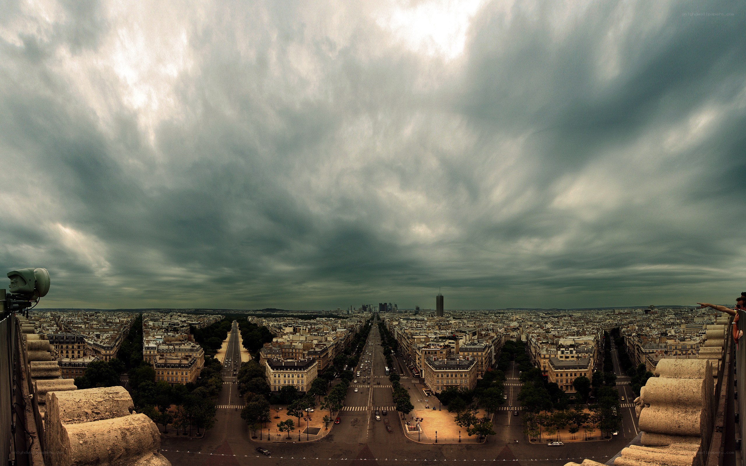 Paris skyline under stormy sky