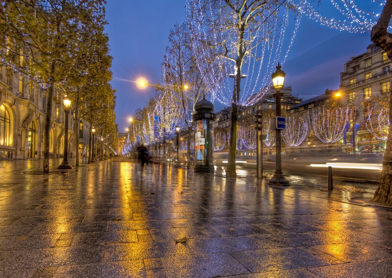 Paris street at dusk with lights