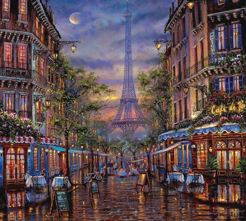 Paris Street at Night — Blue, Romantic