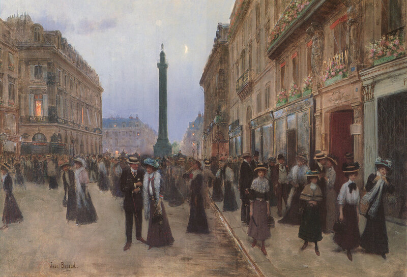 Paris street scene at dusk