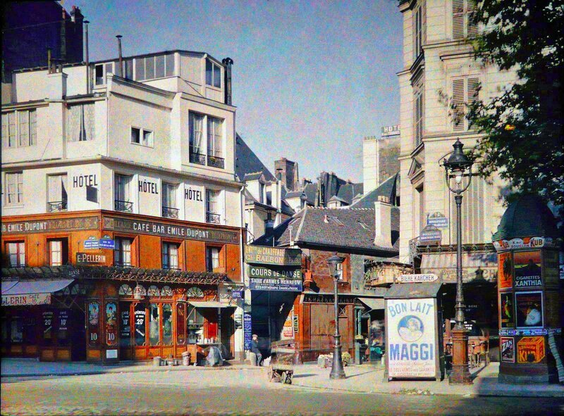 Paris street scene with hotels and shops