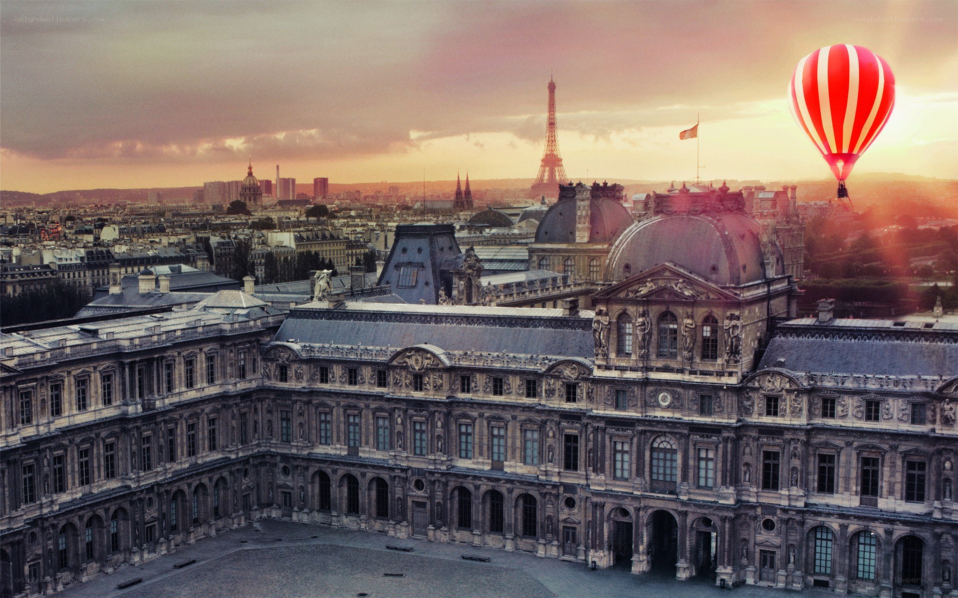 Paris sunset with hot air balloon