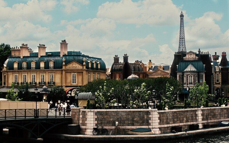 Paris-themed waterfront scene