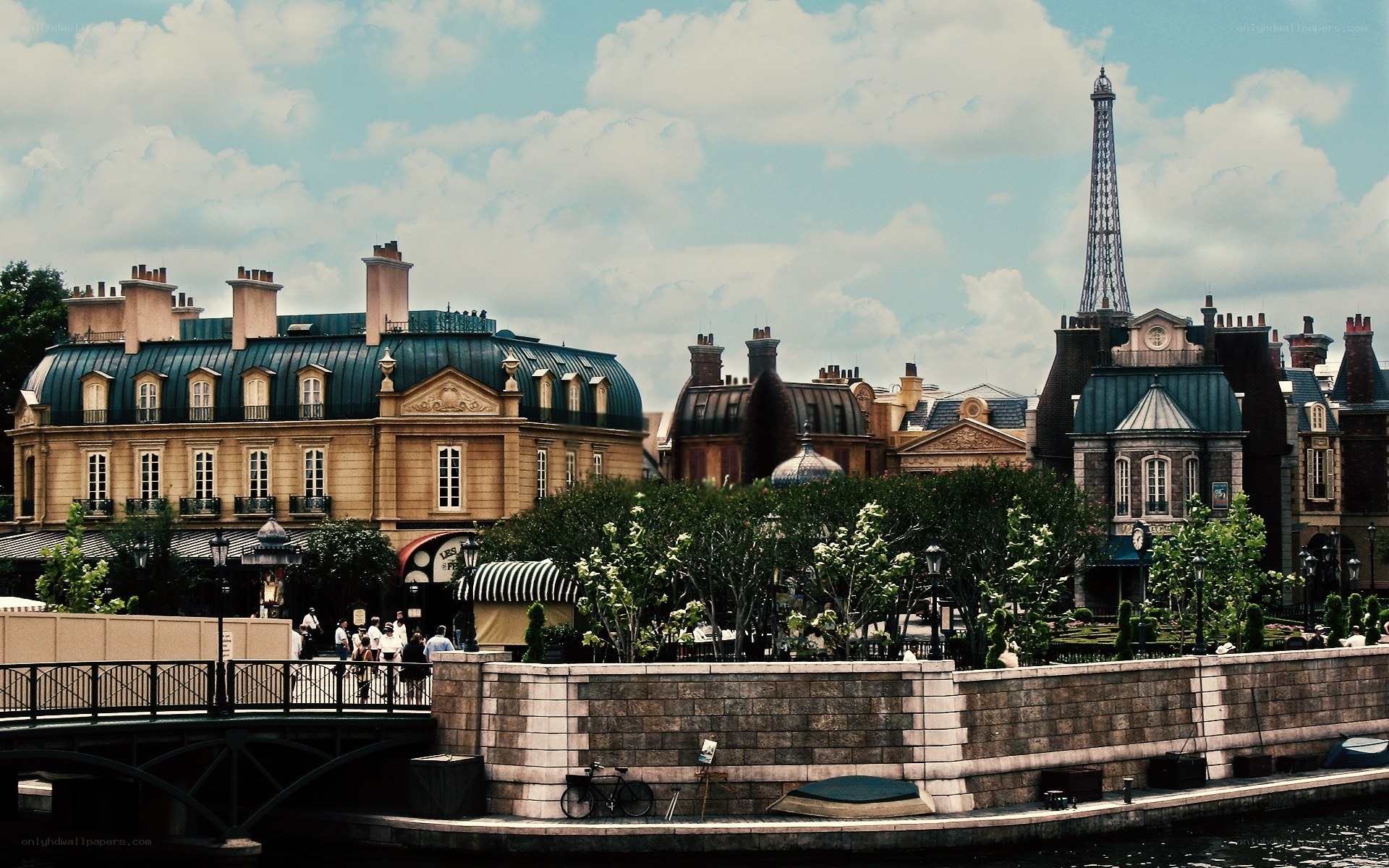 Paris-themed waterfront scene