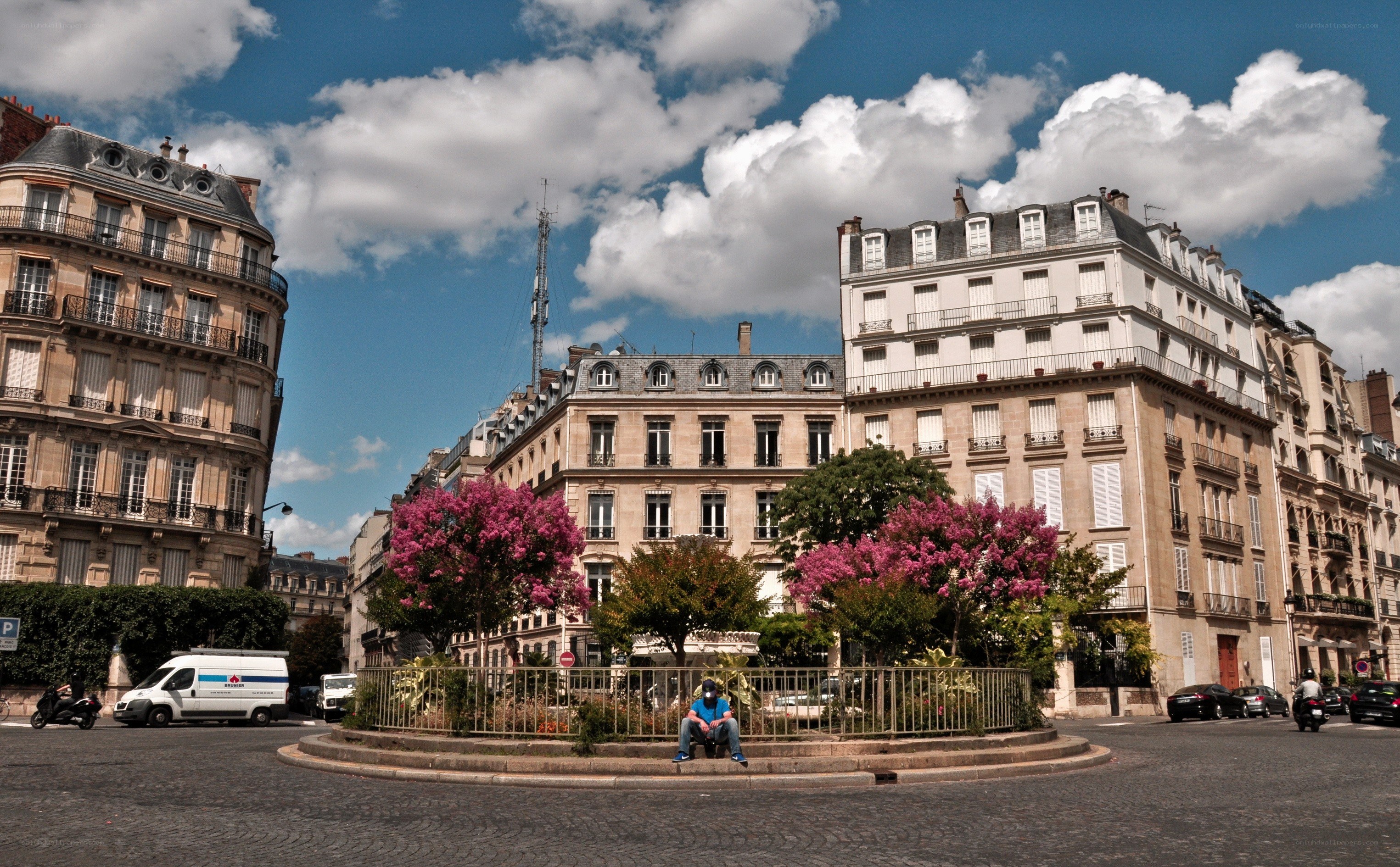 Parisian square with blooming trees