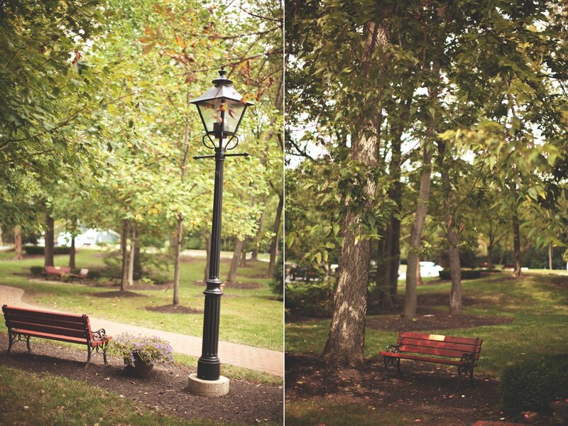 Park bench and lamp post
