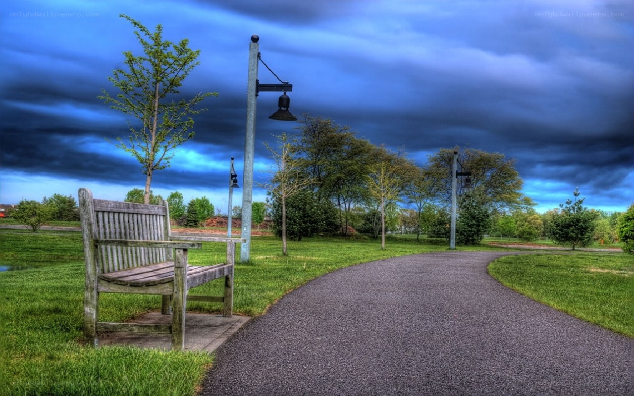 Park bench under stormy sky