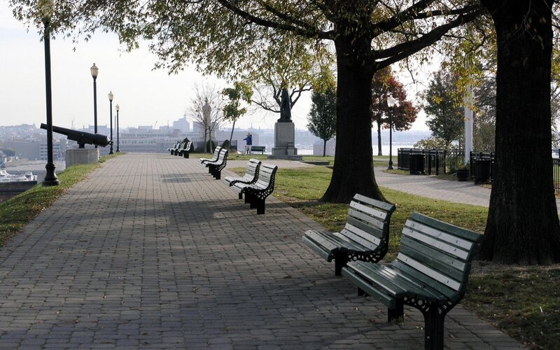 Park Benches and Cannon — Green, Serene, Autumn, Photograph, Statue