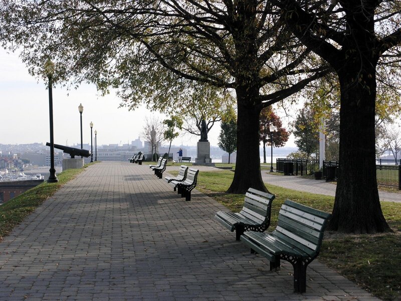 Park Benches and Cannon — Green, Serene, Autumn, Photograph