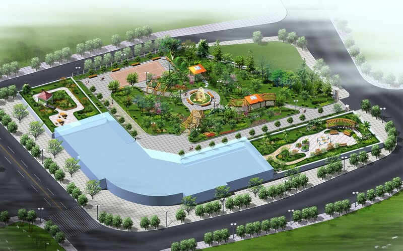park design with playground and water feature