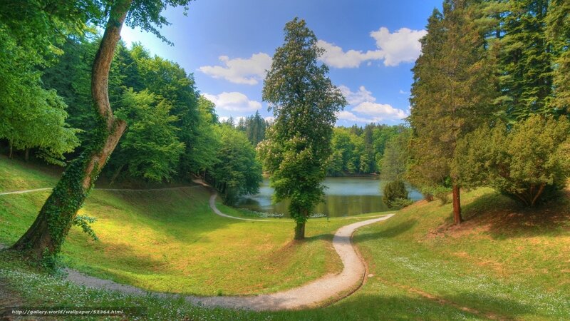 Park path by a lake