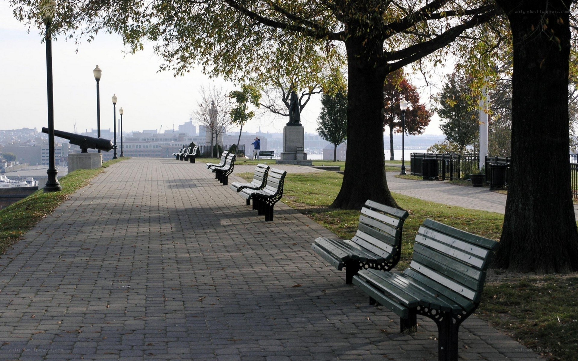 Park path with benches and cannon