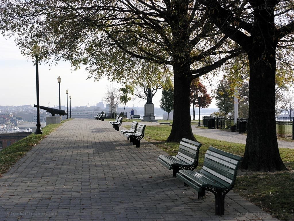 Park path with benches and cannon